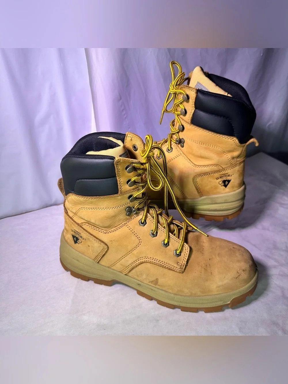 Men's Tan Work Boots with Black Collar and Yellow Laces